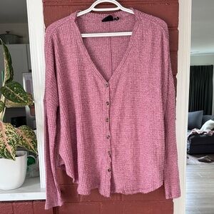 Urban Outfitters Pink Button-Front Ribbed V-Neck Long Sleeve Top